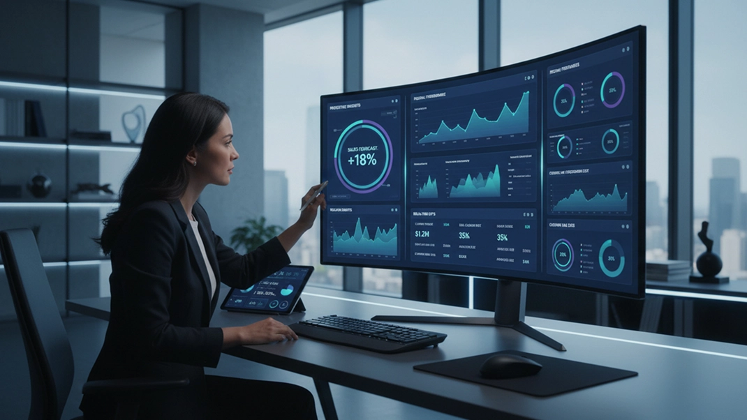 Businesswoman analyzing data on multiple screens in a modern office setting with statistical graphs.