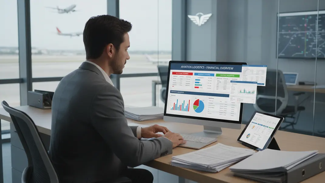 Man analyzing aviation logistics data on computer at airport office.