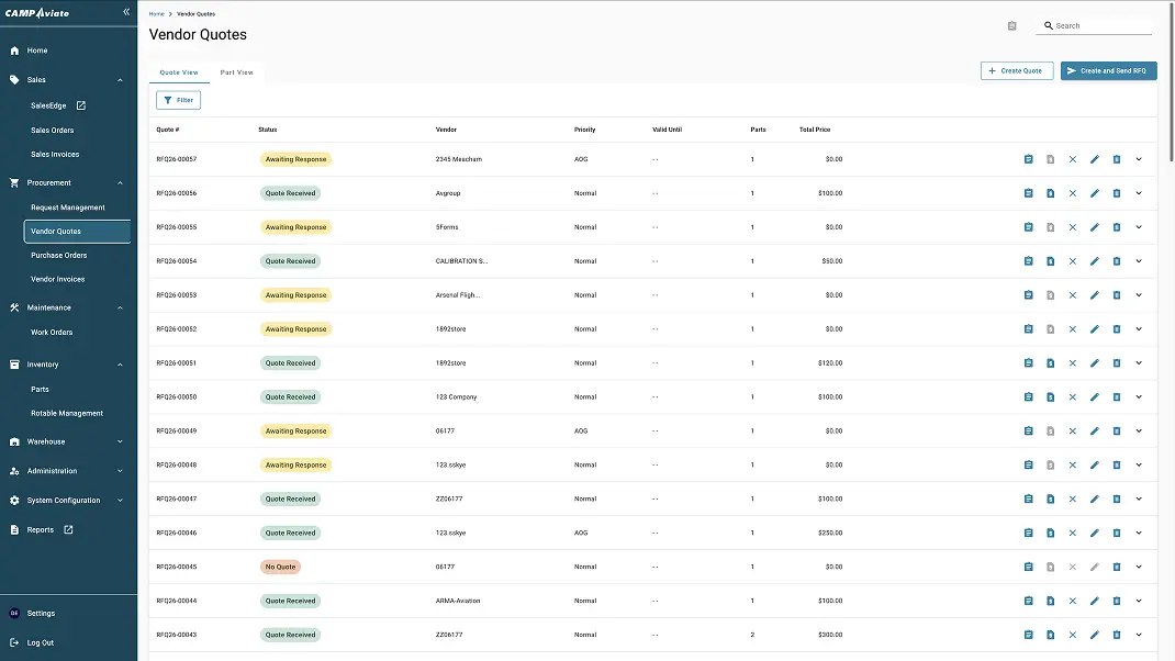 Dashboard showing vendor quotes with statuses, vendors, priorities, and prices for efficient procurement management.