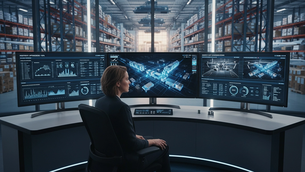 Person monitors warehouse logistics on multiple screens in a control center, optimizing inventory through technology.