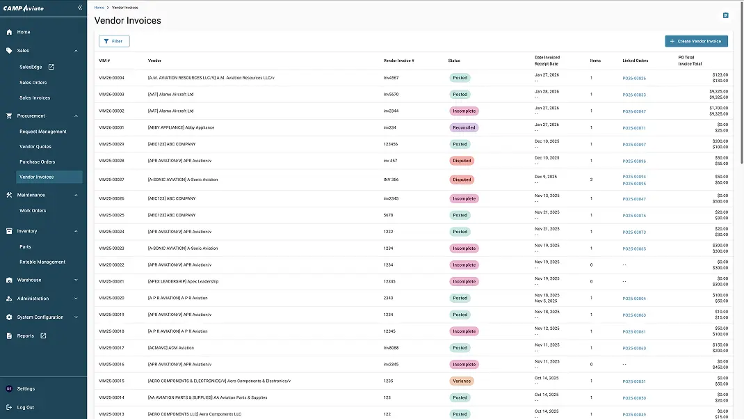 Vendor invoices dashboard showing status, dates, and totals for various suppliers in a procurement system.