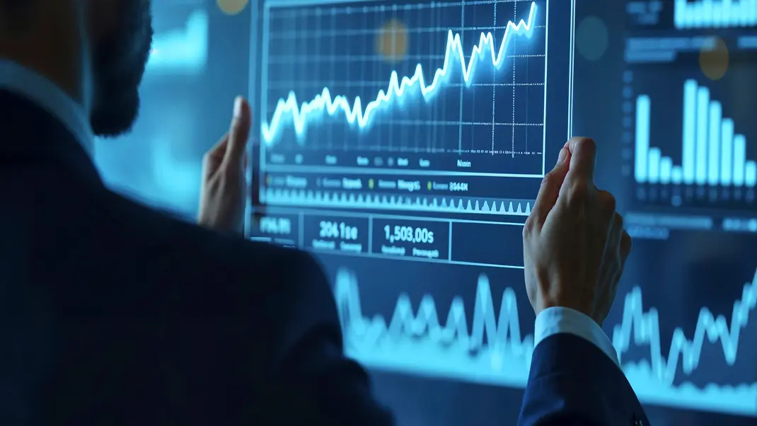 Businessman analyzes interactive digital financial graphs on a large screen, focusing on data trends and market insights.