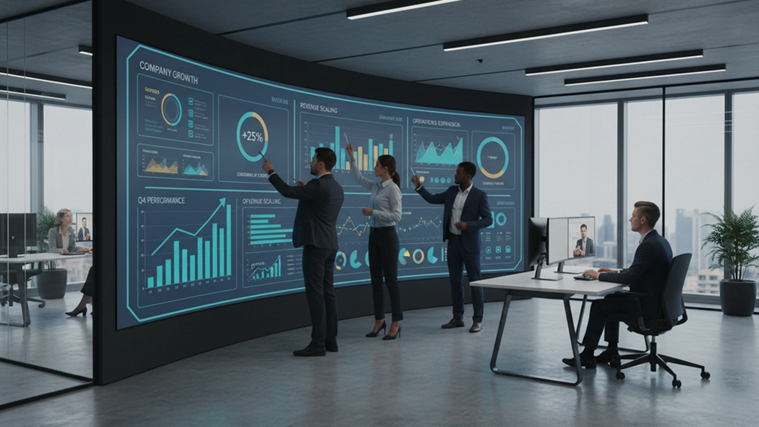 Business team analyzing data on large interactive display in modern office.