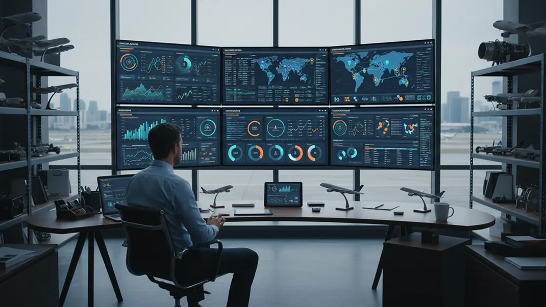 Workspace with multiple screens displaying analytics and data visualization in a modern office with city view.