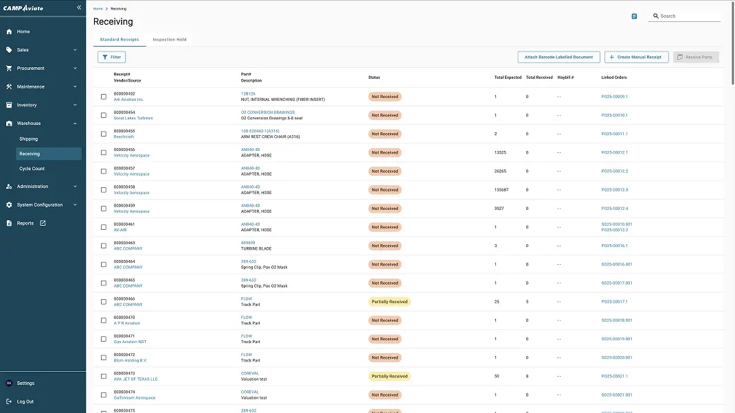 Warehouse receiving dashboard showing item status, including part descriptions and total expected versus received.