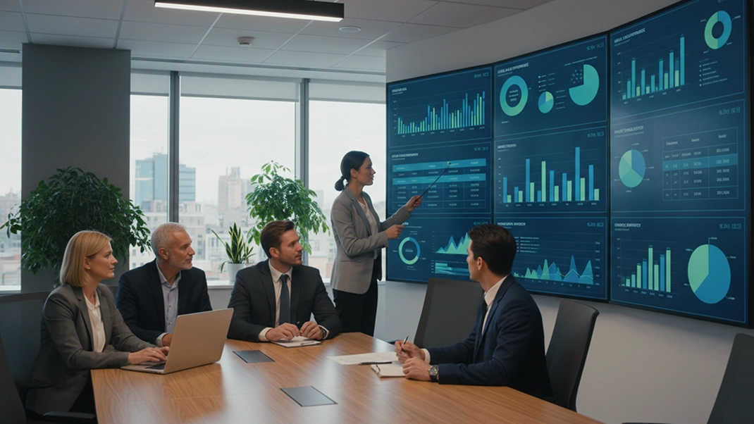 Business meeting with professionals analyzing data on large digital screens in a modern conference room.