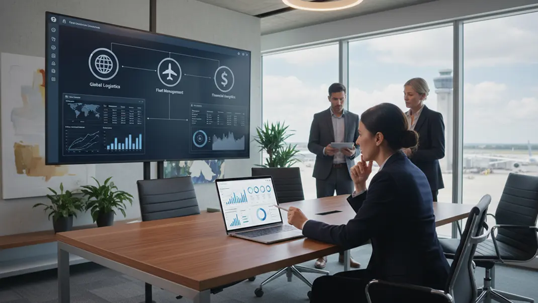 Business meeting analyzing global logistics and financial analytics data on large screen and laptop in modern office.