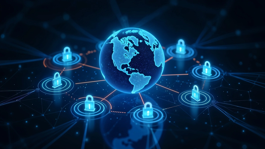 Illustration of a digital globe with secure network connections, symbolizing global cybersecurity and data protection.
