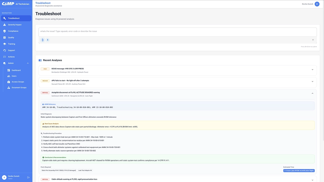AI-powered diagnostic interface showing aviation systems analysis and troubleshooting alerts.