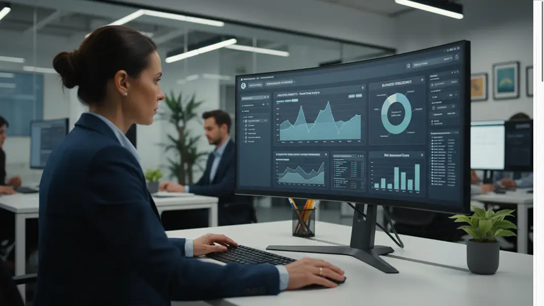 Business professional analyzing data on a large monitor in a modern office setting.