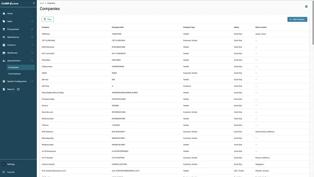 Company directory screen with a list of vendors and customers on a software platform interface.