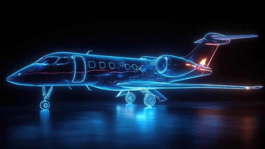 Futuristic digital blueprint of a jet airplane glowing in blue light, showcasing aviation technology in a dark background.