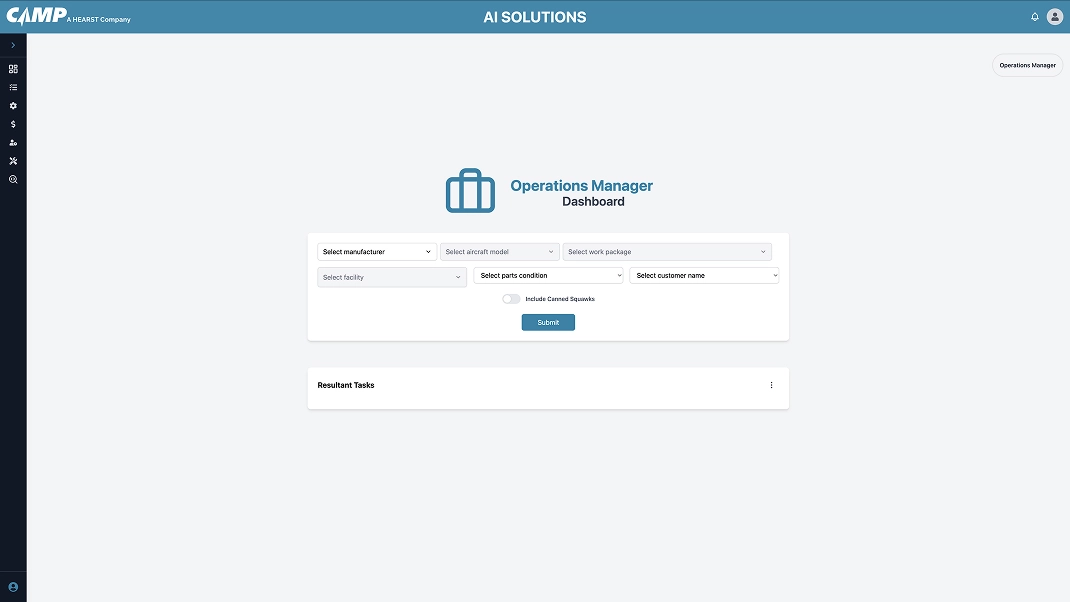 Operations Manager Dashboard for aircraft management, featuring dropdowns for manufacturer, model, and work package.