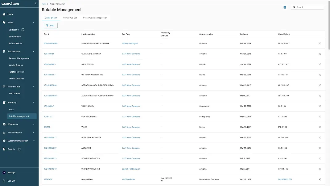 Rotable management dashboard with parts list, due dates, locations, and linked orders for inventory tracking.