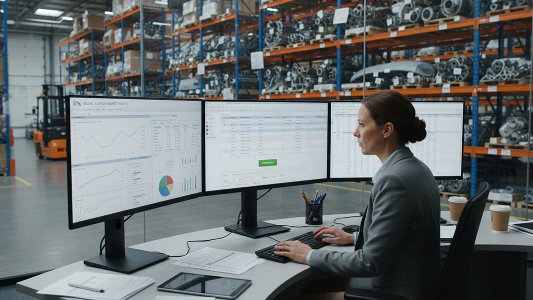 Businesswoman analyzing data on multiple screens in a warehouse office setting.