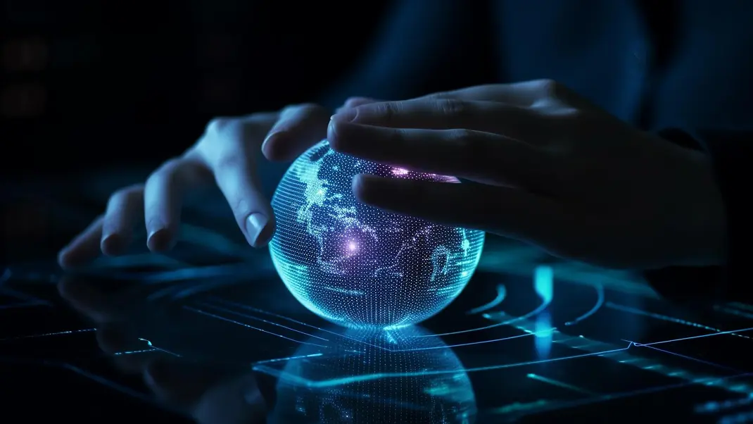 Hands gripping a glowing digital globe on a futuristic touchscreen interface.