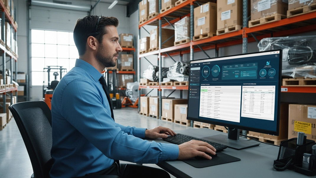 Man in a warehouse uses computer for inventory management, monitoring stock levels on screen.