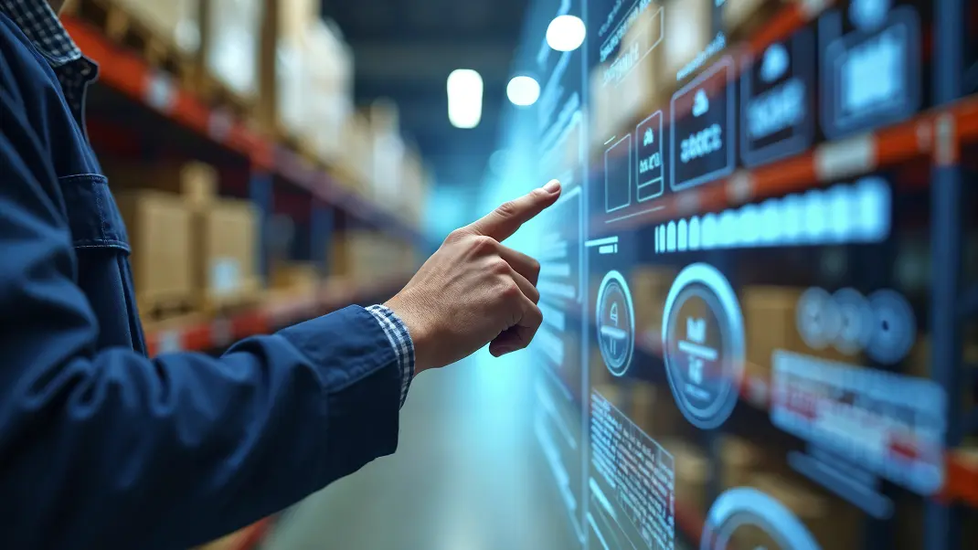 Person interacting with digital display in high-tech warehouse.