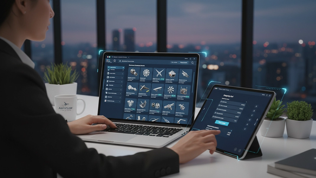 Person using dual screens for online product browsing and shopping, with cityscape in the background.