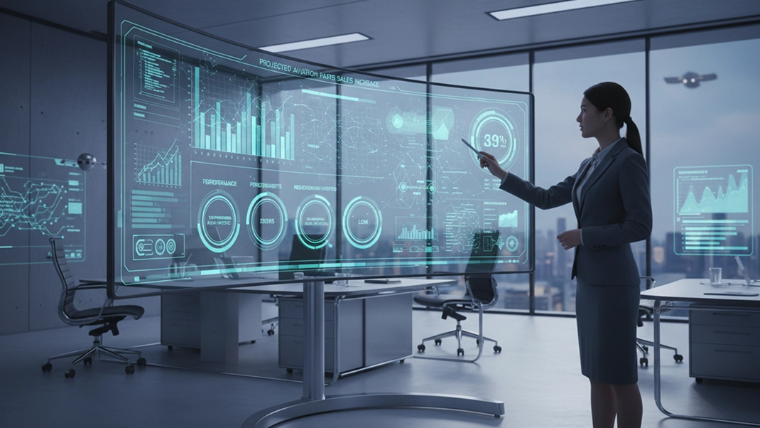 Businesswoman interacts with futuristic digital display showing analytics in modern office.