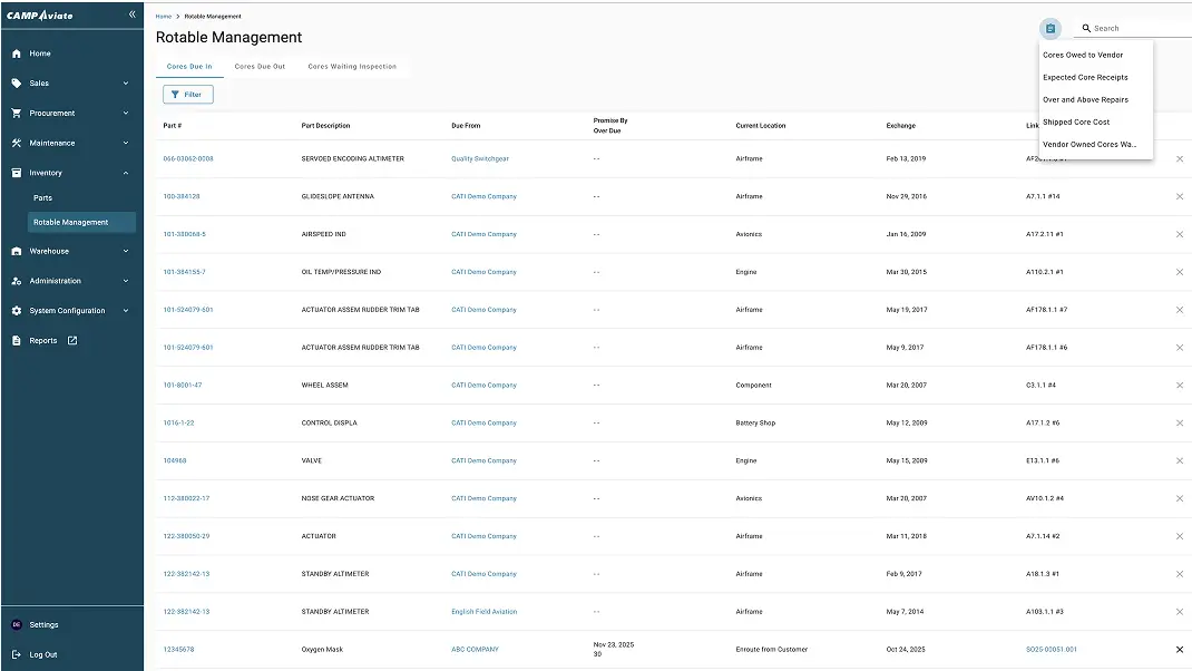 Rotable Management dashboard displaying parts list, due dates, and locations for inventory tracking and management.