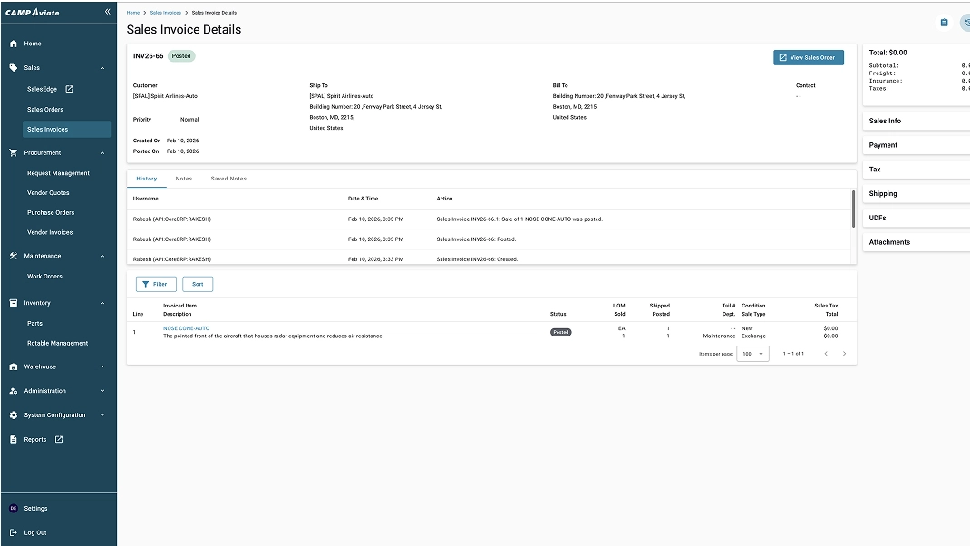 Sales invoice details screen with item description, customer, and transaction history in CAMP Aviate interface.