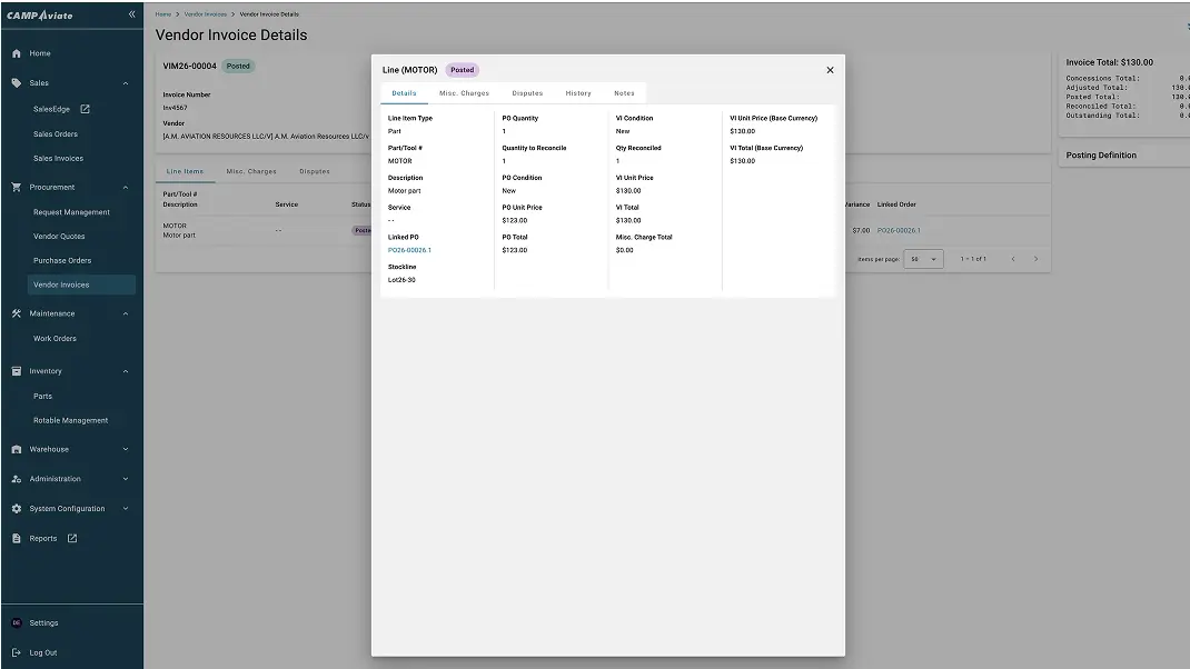 Vendor invoice details screen displaying motor part information and pricing in procurement software interface.