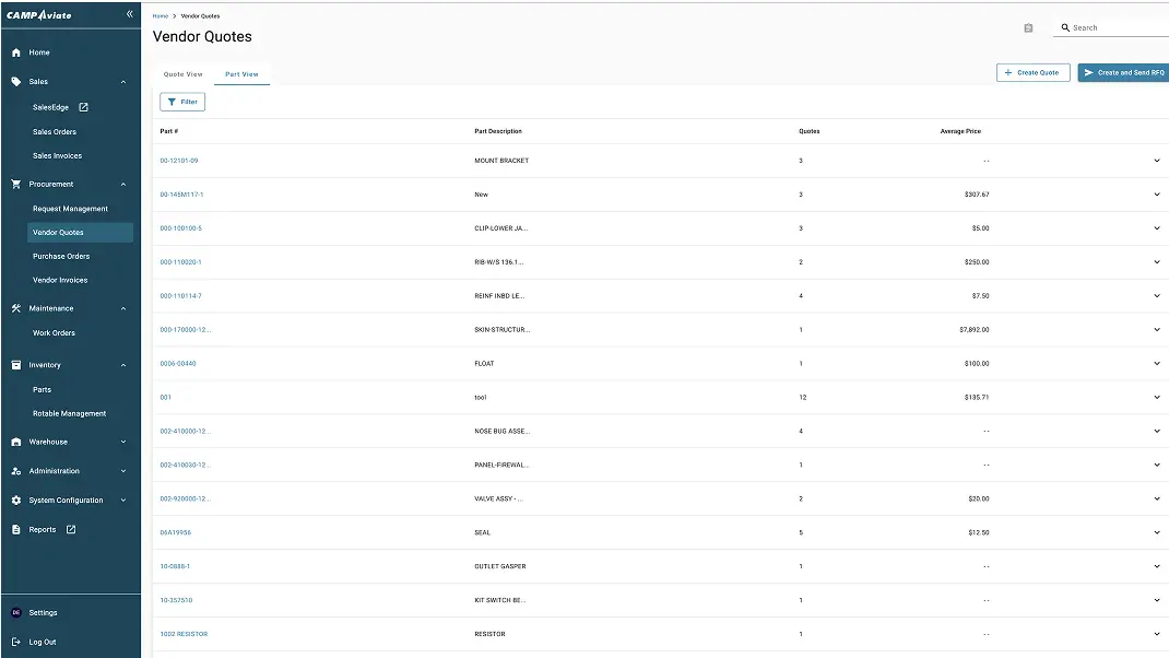 Vendor quotes dashboard showing parts, descriptions, number of quotes, and average prices for procurement management.