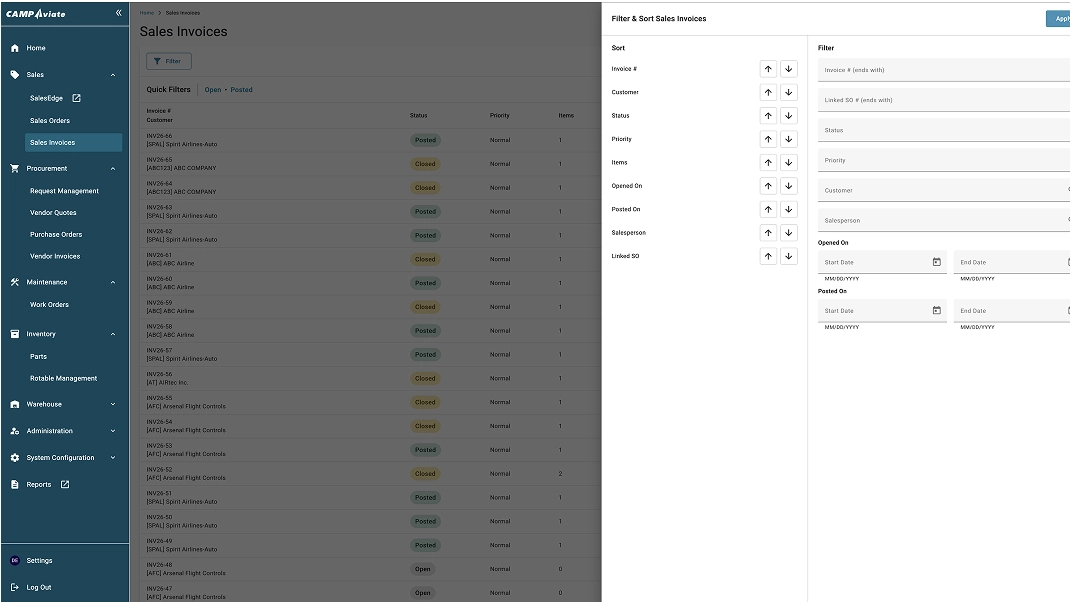 Dashboard interface showing sales invoices with filter and sort options for efficient management.