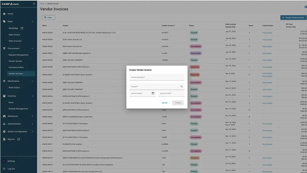 Vendor invoice management dashboard showing invoice status and creation form pop-up.