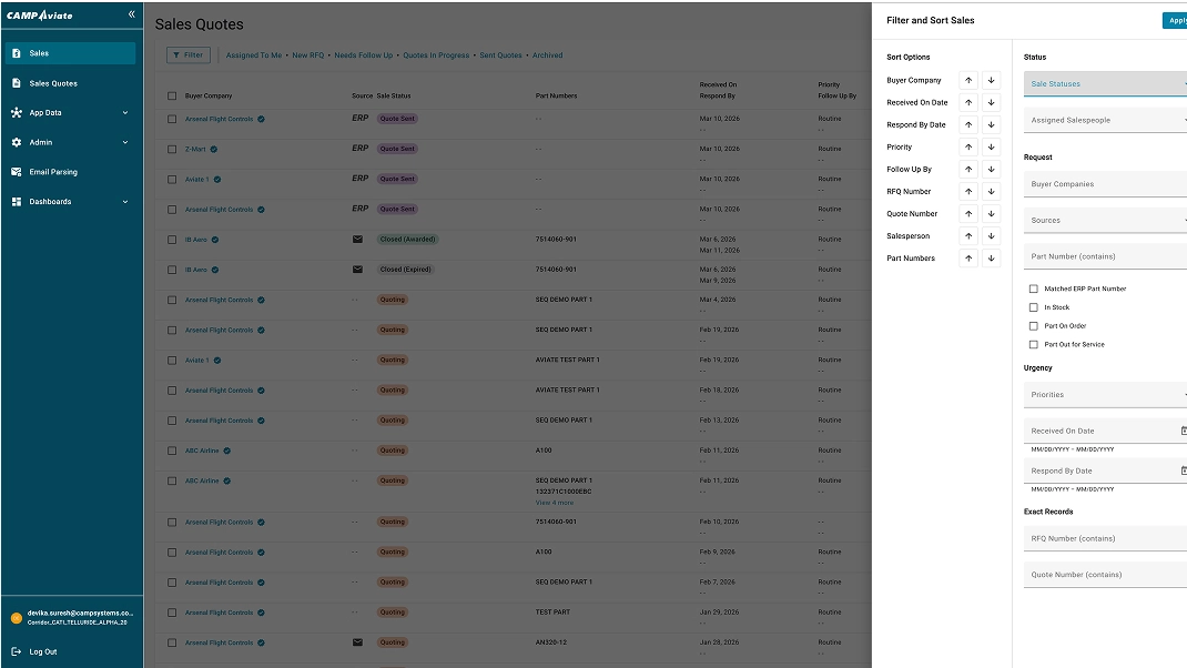 Sales quotes management dashboard with filtering and sorting options for efficient sales tracking and prioritization.