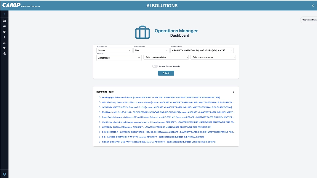 Operations Manager Dashboard for aircraft maintenance with task list and selection options for Cessna 750 model.