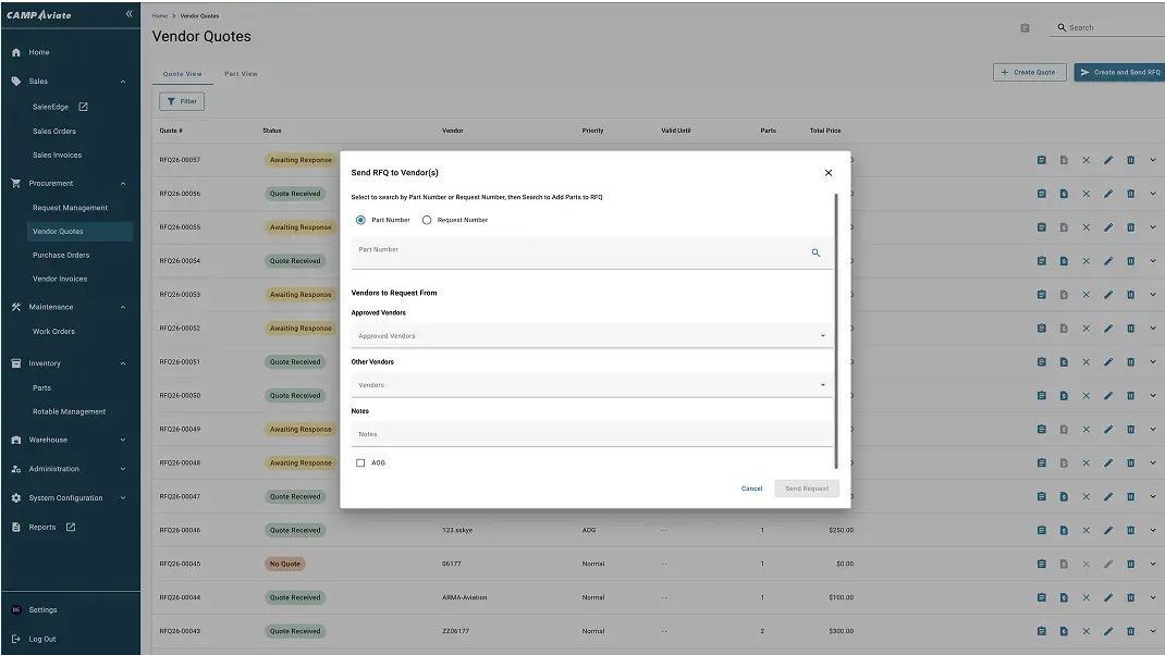 Vendor management dashboard with request for quote interface, showing part number search and vendor selection options.