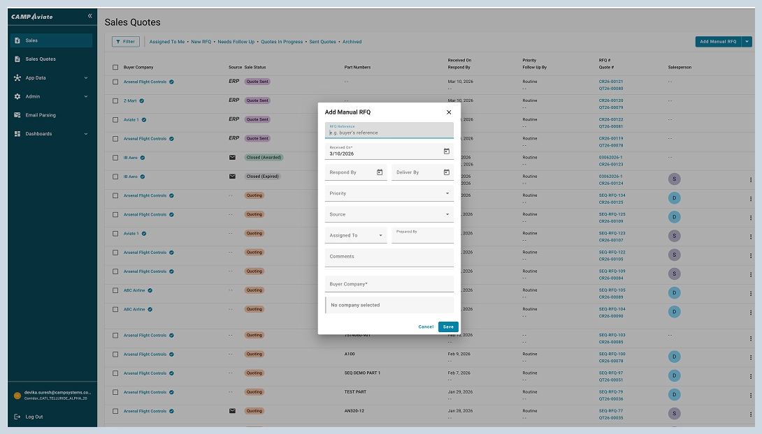 Dashboard interface showing a Add Manual RFQ form overlaying a sales quotes list.