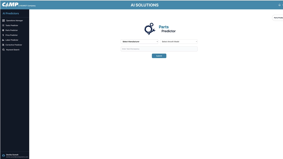 AI Solutions dashboard featuring Parts Predictor with input fields for manufacturer, aircraft model, and task discrepancy.