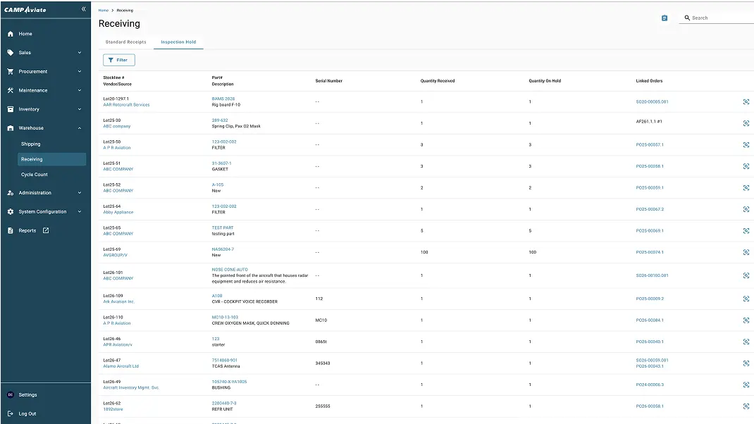 Inventory receiving dashboard showing stock items, quantities, and linked orders for aviation parts.