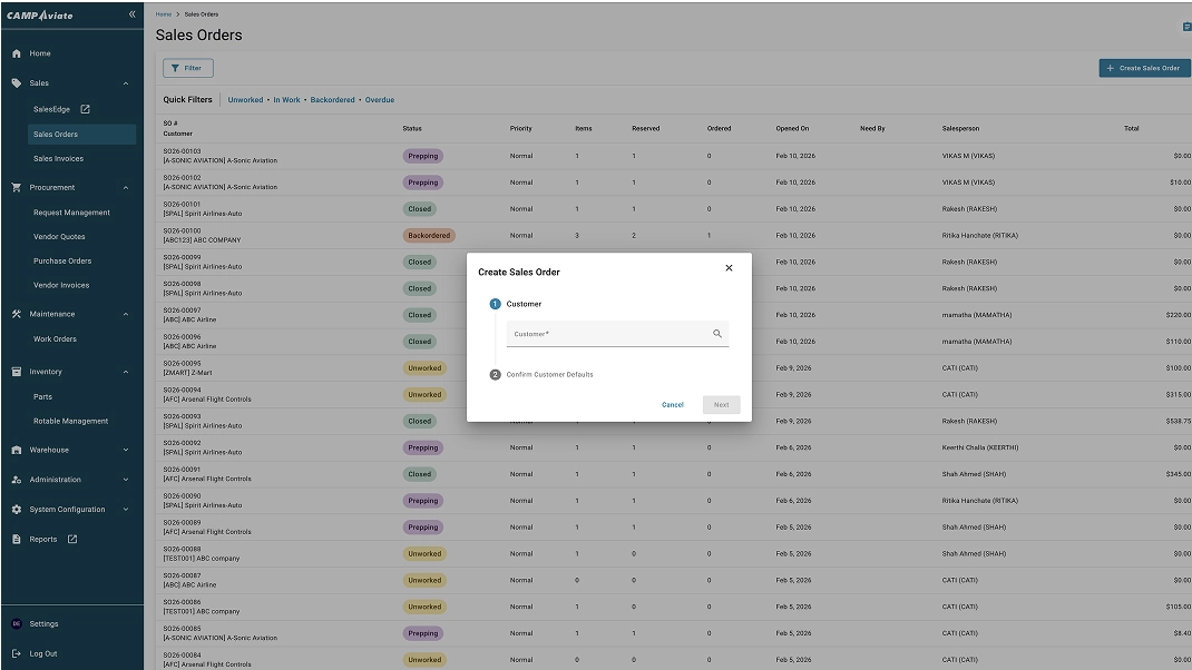 Sales orders dashboard with Create Sales Order popup for customer input, showing status and details for each order.