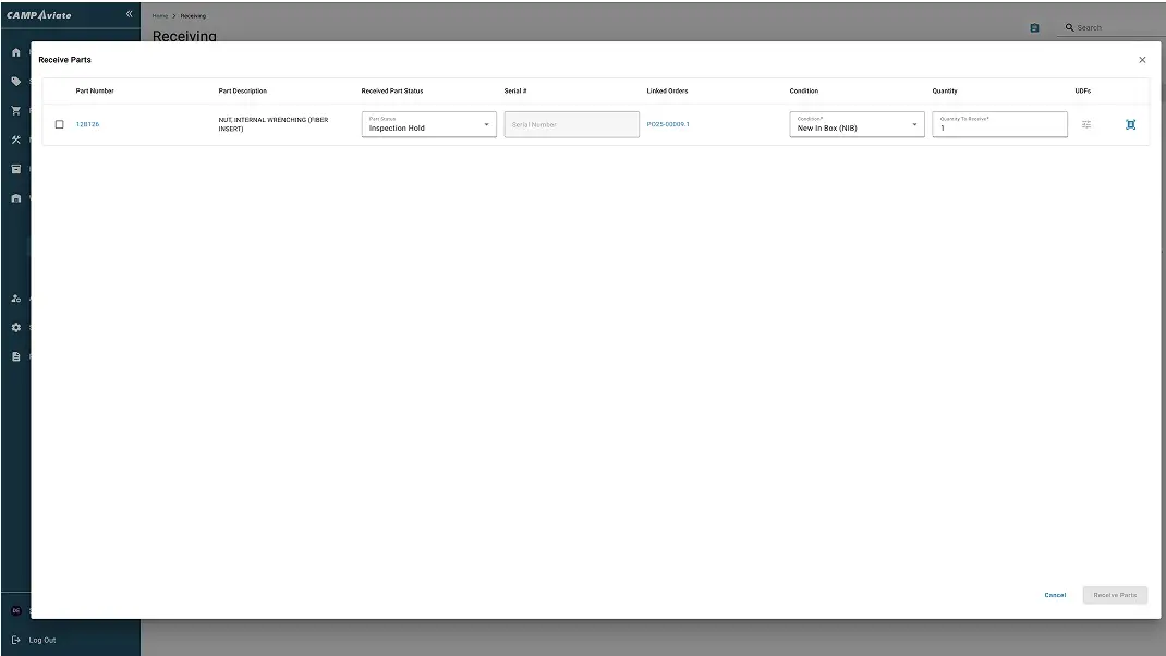 Inventory management interface showing parts receiving details for a nut wrench, inspection status, and order info.