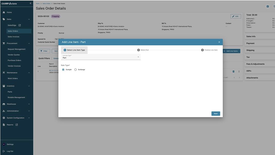 Sales order details interface showing the addition of a line item for parts in progress on CAMP Avia software.