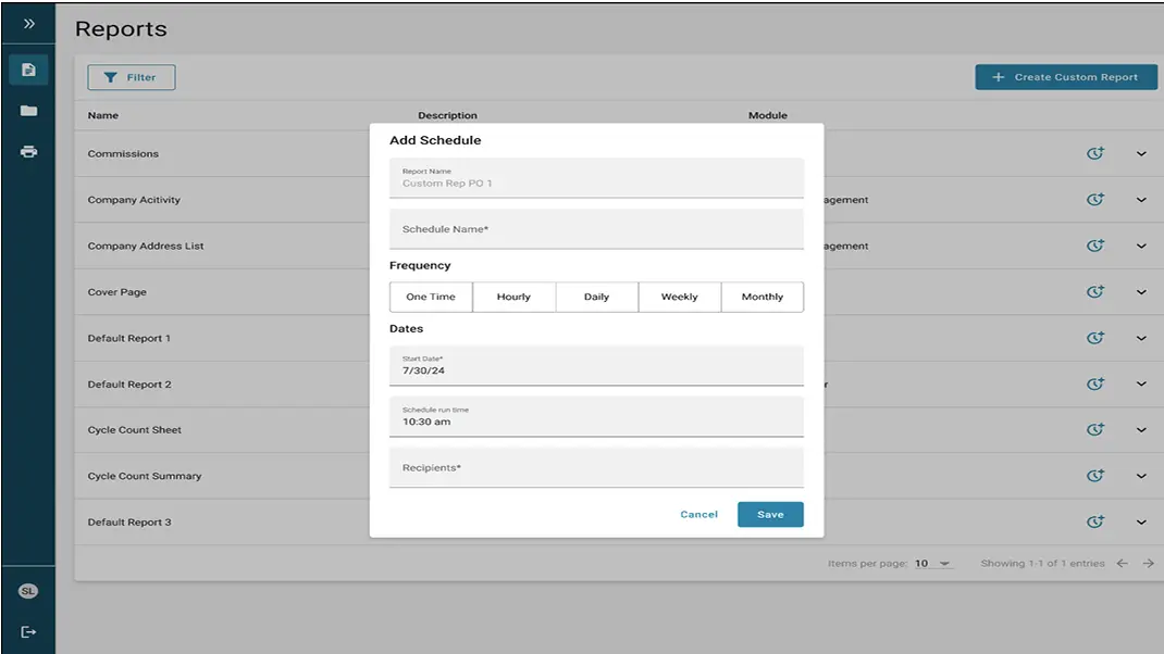 Screenshot of report scheduling interface with options for frequency and dates in a software application.