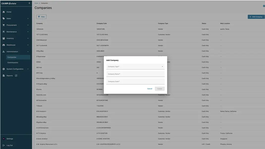 Software interface displaying company list and Add Company pop-up form for data entry and management.