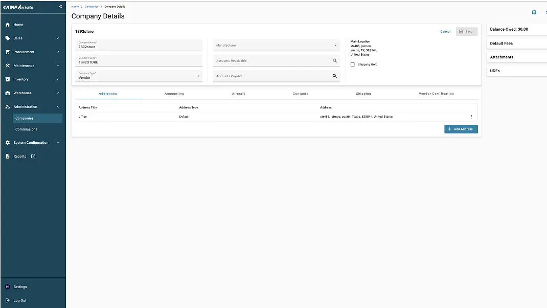 Company details screen in CAMP Aviation software with address, manufacturer, and accounts payable sections visible.