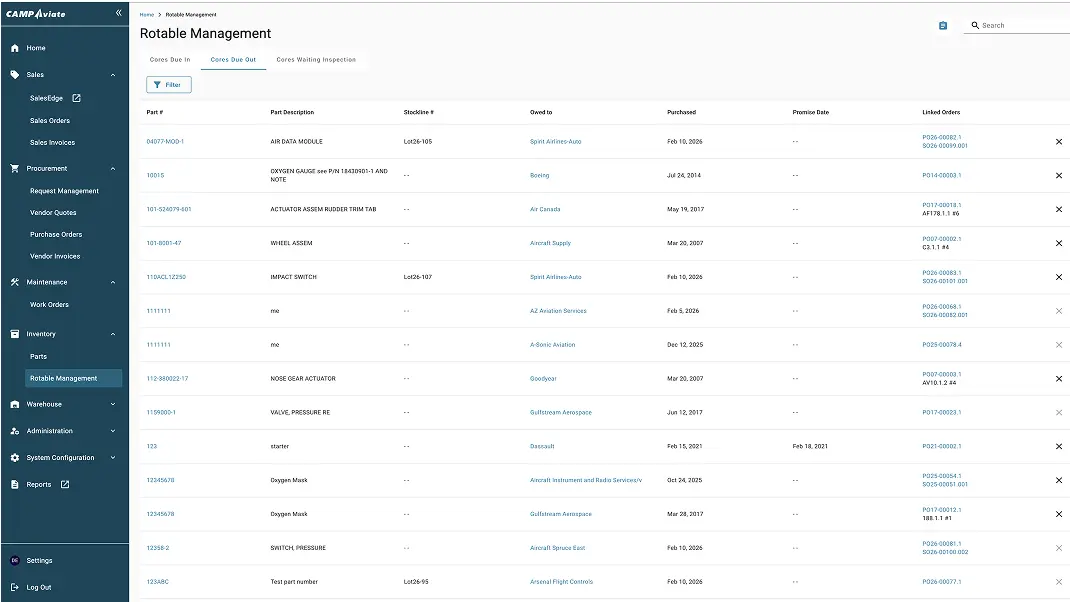 Rotable management dashboard displaying parts, descriptions, and linked orders for aviation inventory management.