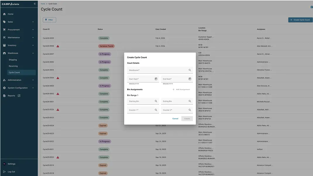 Inventory management software screen with cycle count details and status for efficient warehouse tracking.