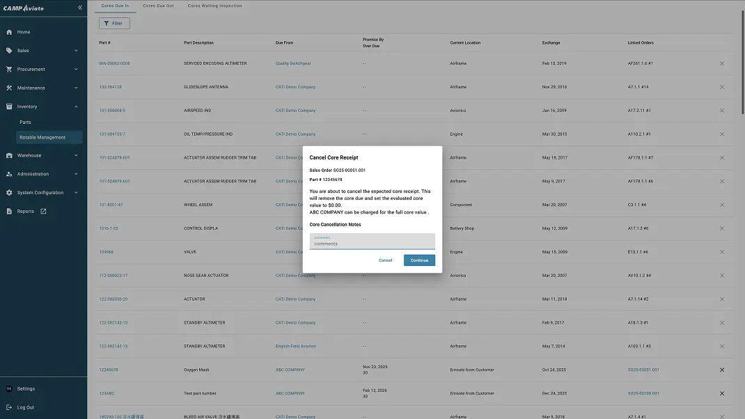 Software interface showing a core receipt cancellation popup over an inventory management system.