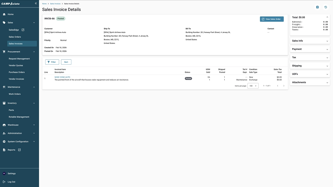 Sales invoice details screen in CAMP Aviator software showing customer, ship to, and bill to information.