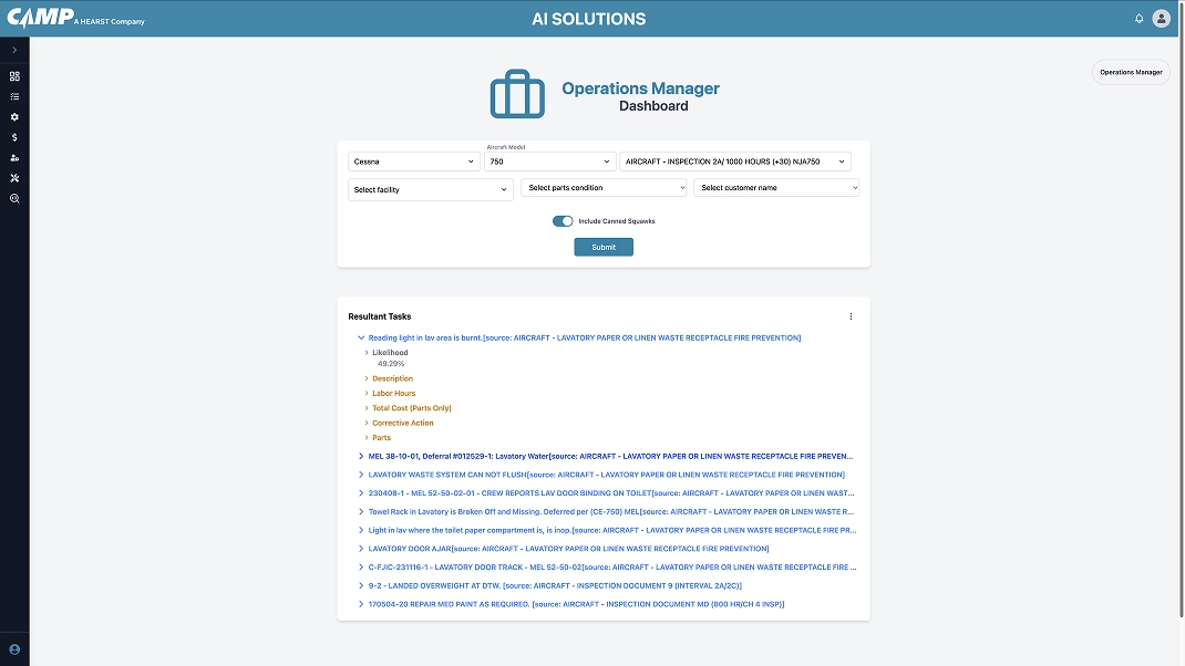 Operations Manager dashboard for aircraft maintenance tasks and inspections by CAMP AI Solutions.