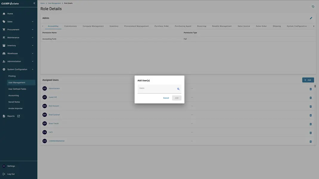 User management interface showing role details and add user dialog in enterprise software.
