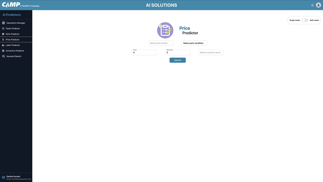 AI Solutions platform with Price Predictor tool interface for cost, quantity, and customer selection.
