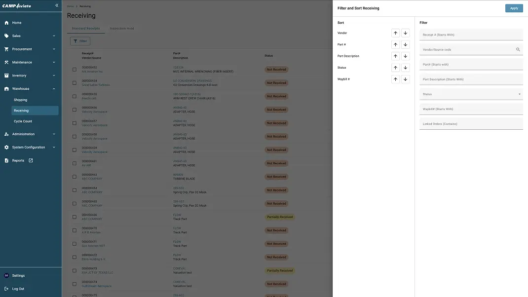 Inventory receiving interface with filter and sort options for efficient warehouse management.